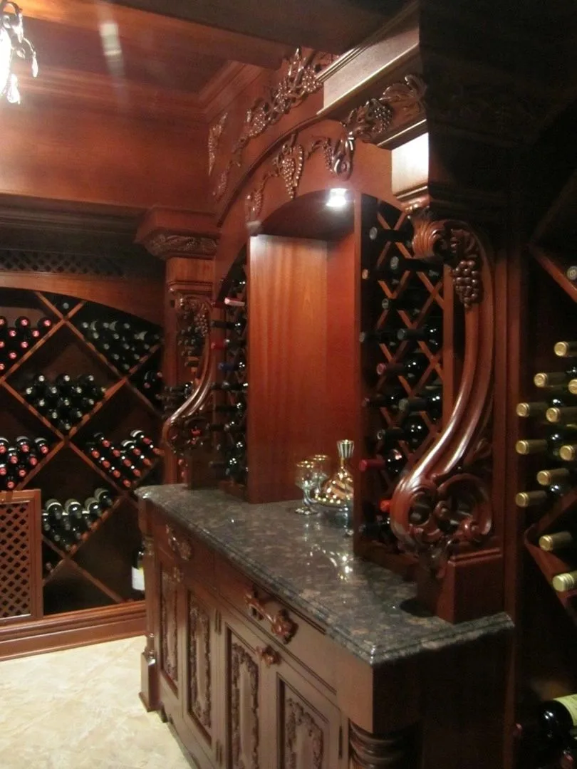 mahogany wine cellar with carved cabinetry, Built-Ins & Furniture