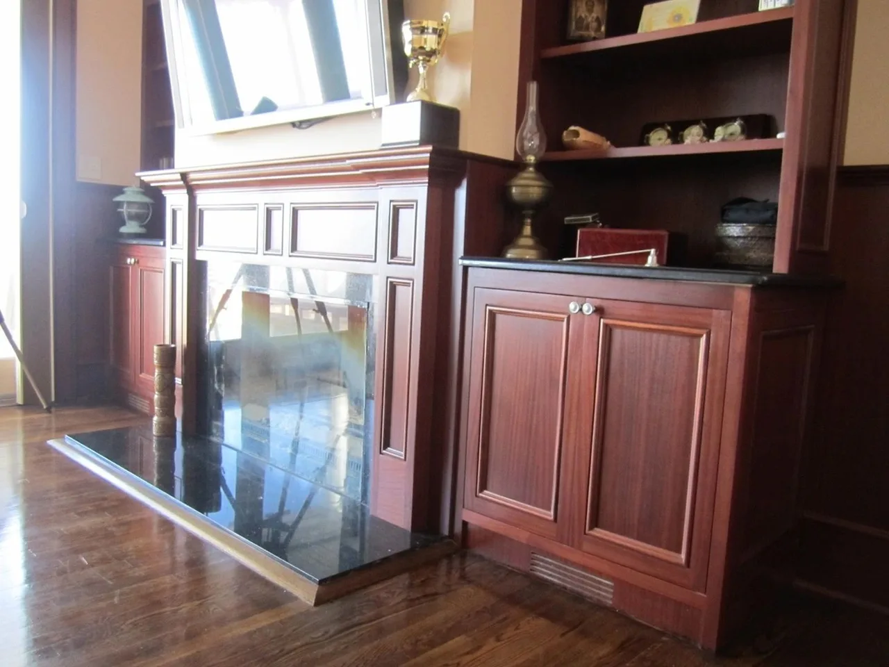 cherry fireplace surround with built-in cabinets, Built-Ins & Furniture