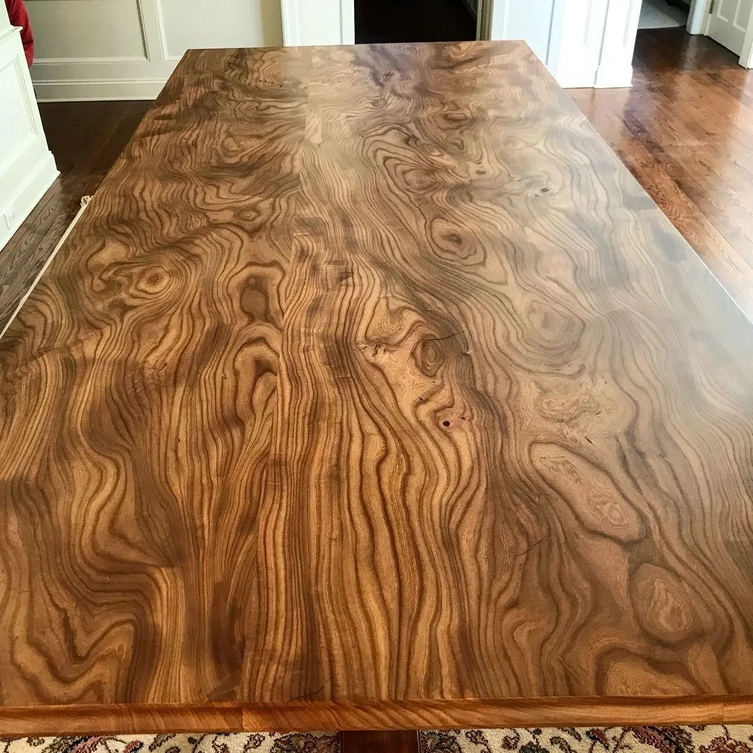 tabletop of figured burl wood, close crop, Custom Tables